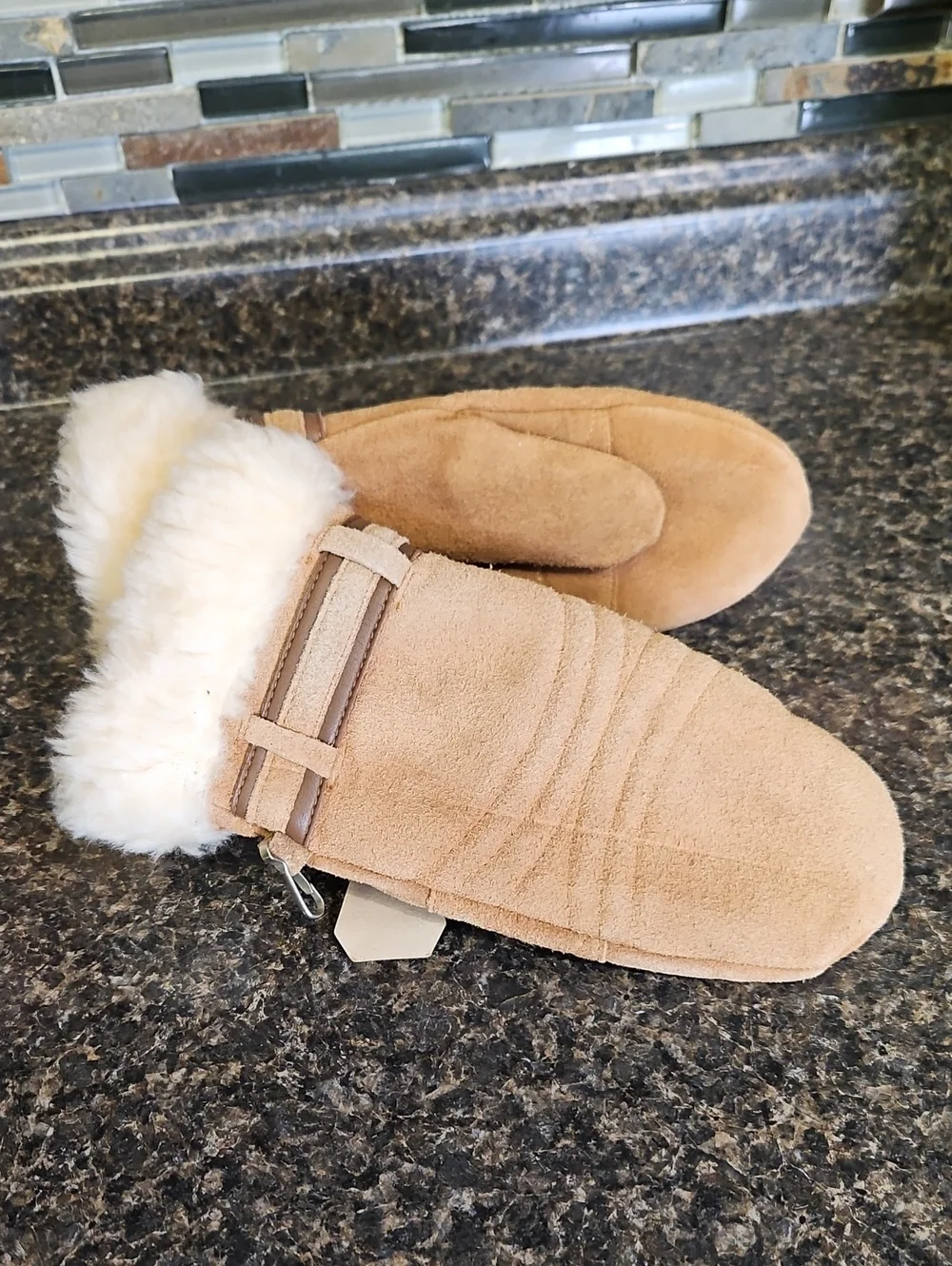Genuine Leather Suede Fur Trim Mittens BNWT